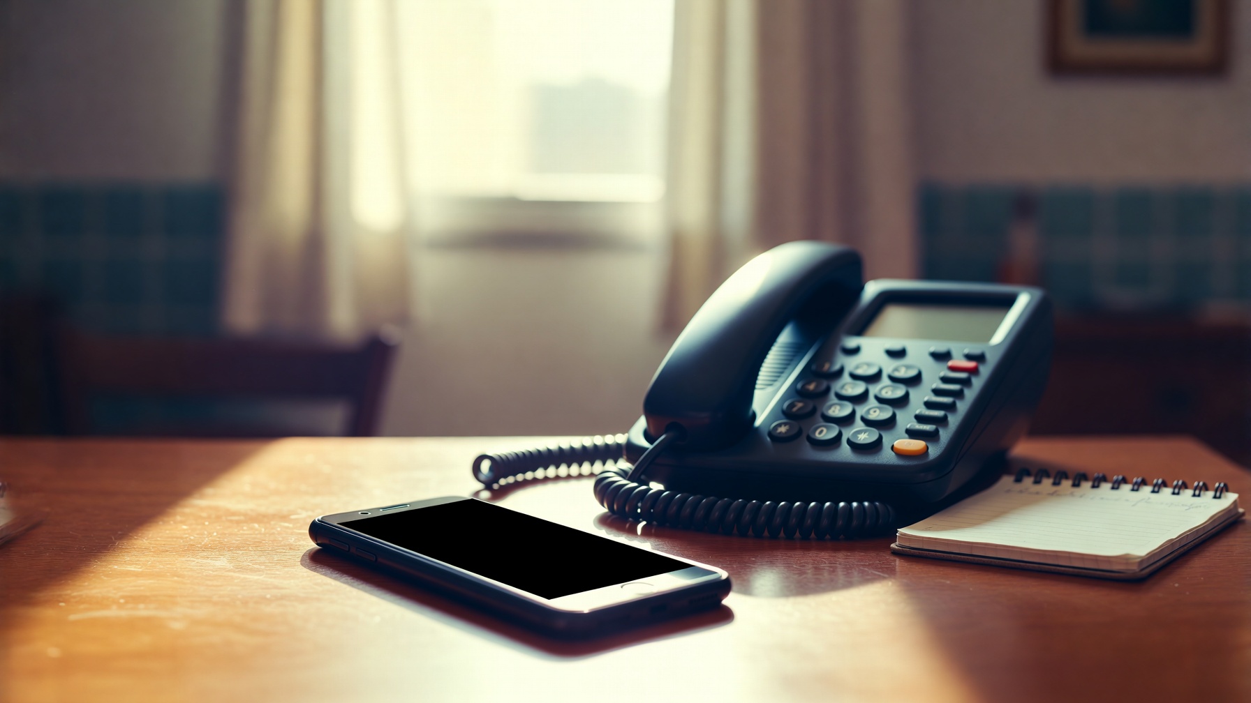 Telefone celular virado para baixo ao lado de um telefone fixo desligado