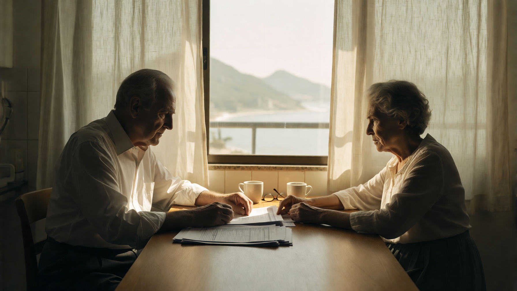 Casal idoso revisa papéis da pensão à mesa, com a Baía de Guanabara ao fundo
